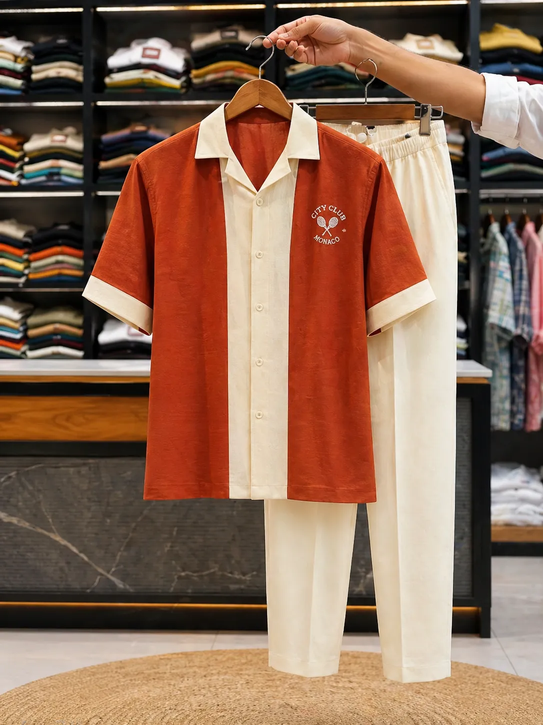 Men's Rust and Cream Contrast Co-Ord Set